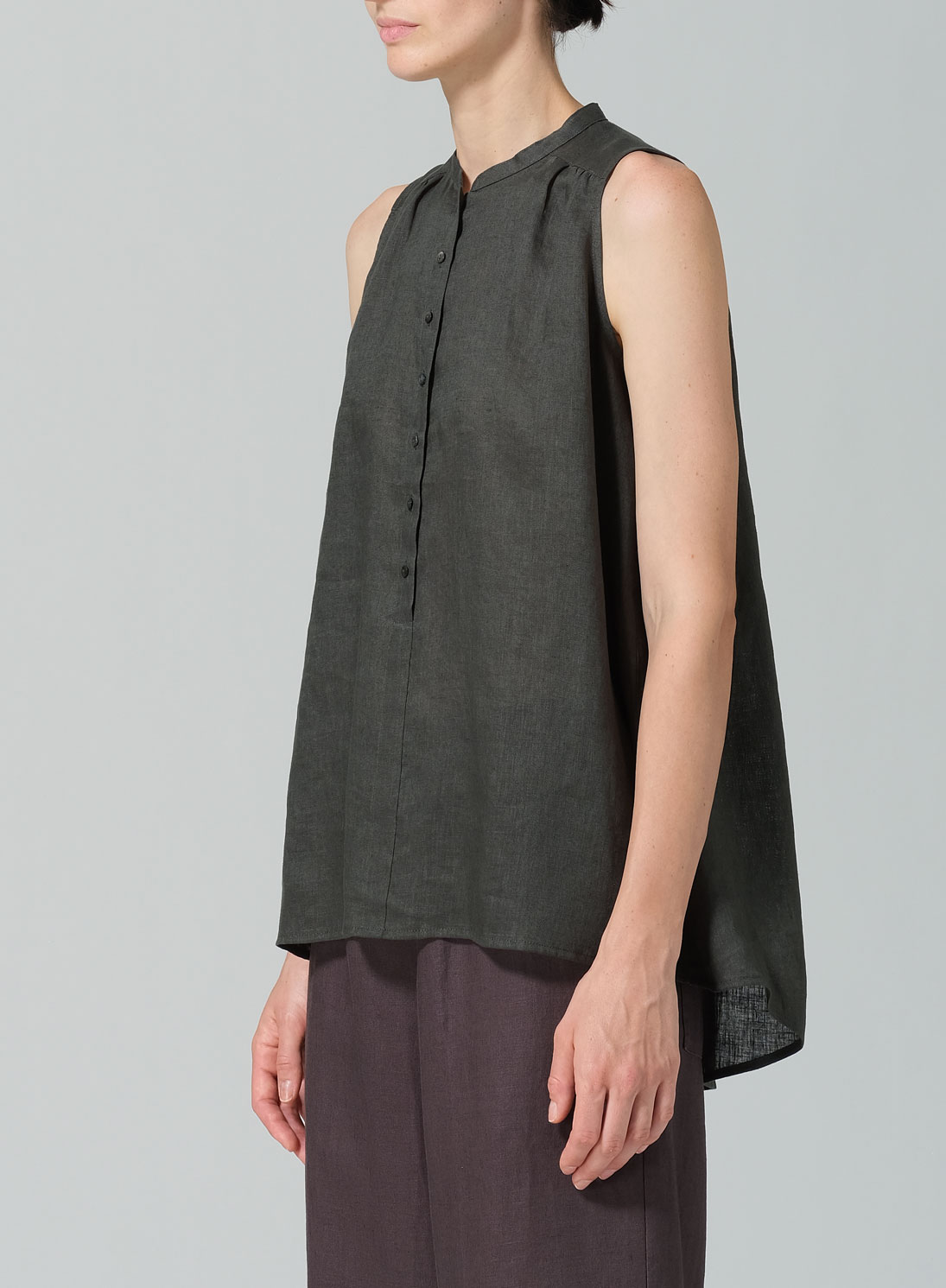 Linen Mandarin Collar A-Line Sleeveless Shirt