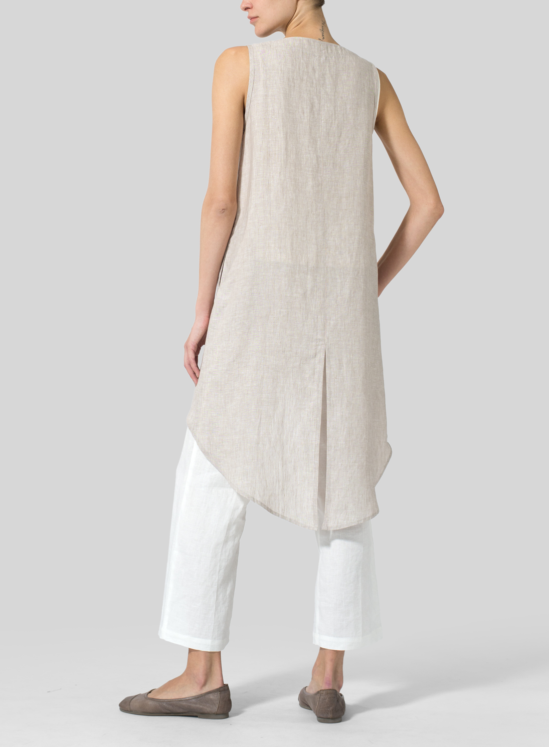 Two Tone Beige Linen Asymmetrical Hem Tail Top