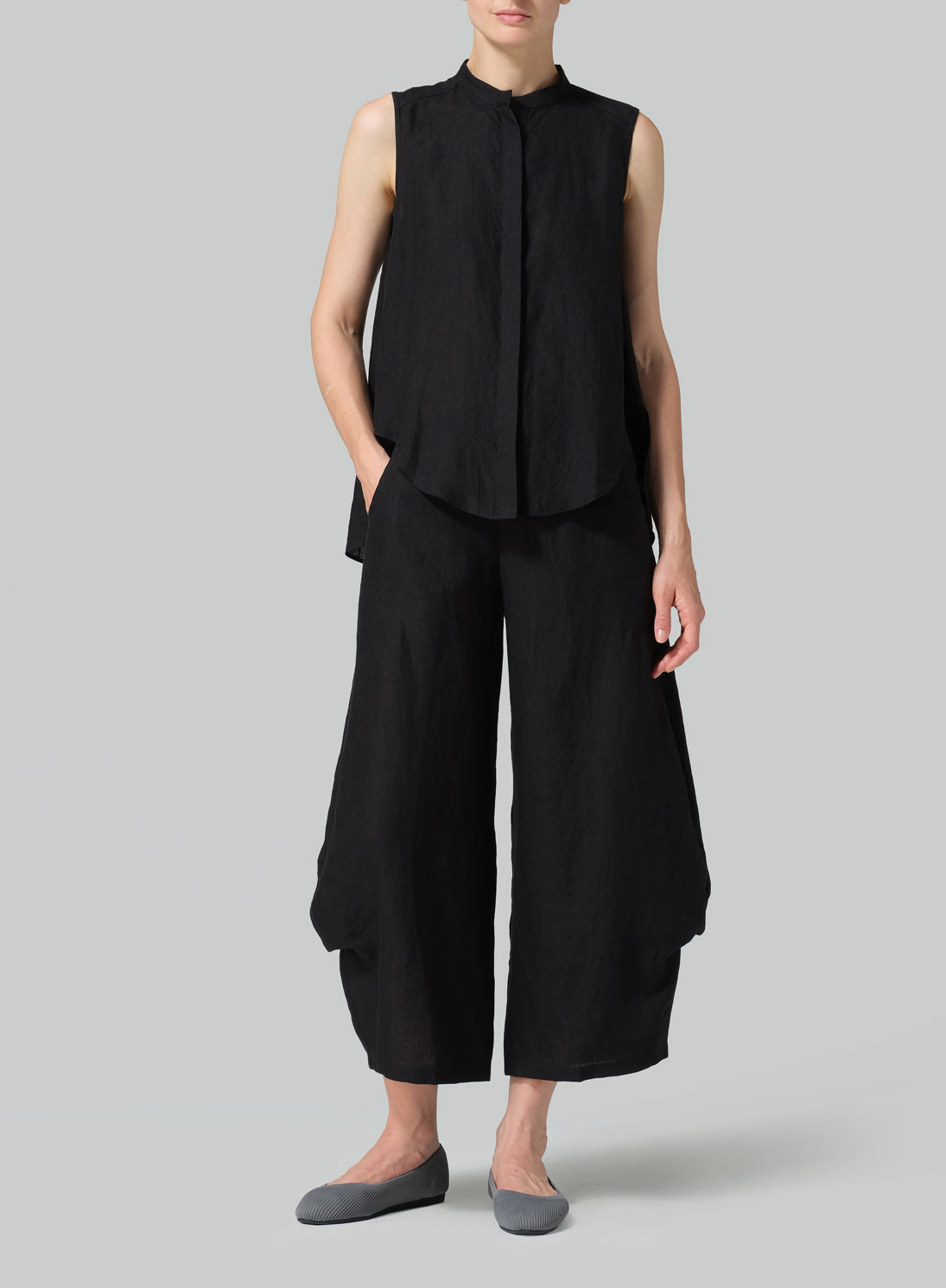 Linen A-line Sleeveless Top with Mandarin Collar