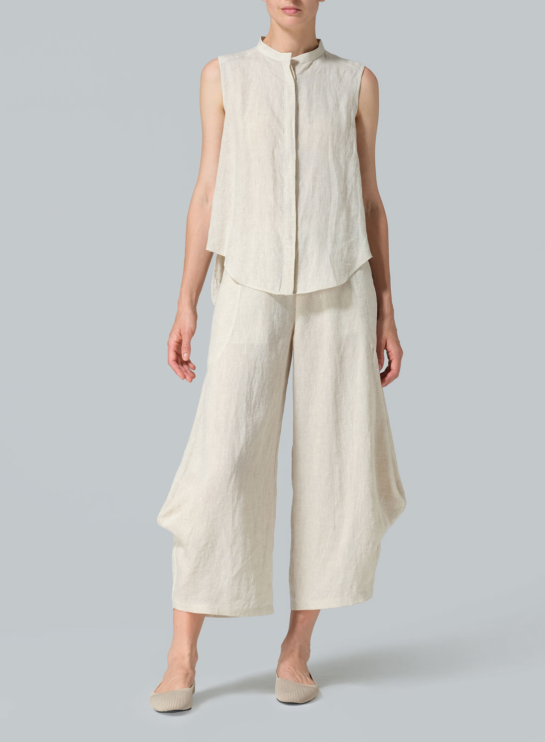 Linen A-line Sleeveless Top with Mandarin Collar