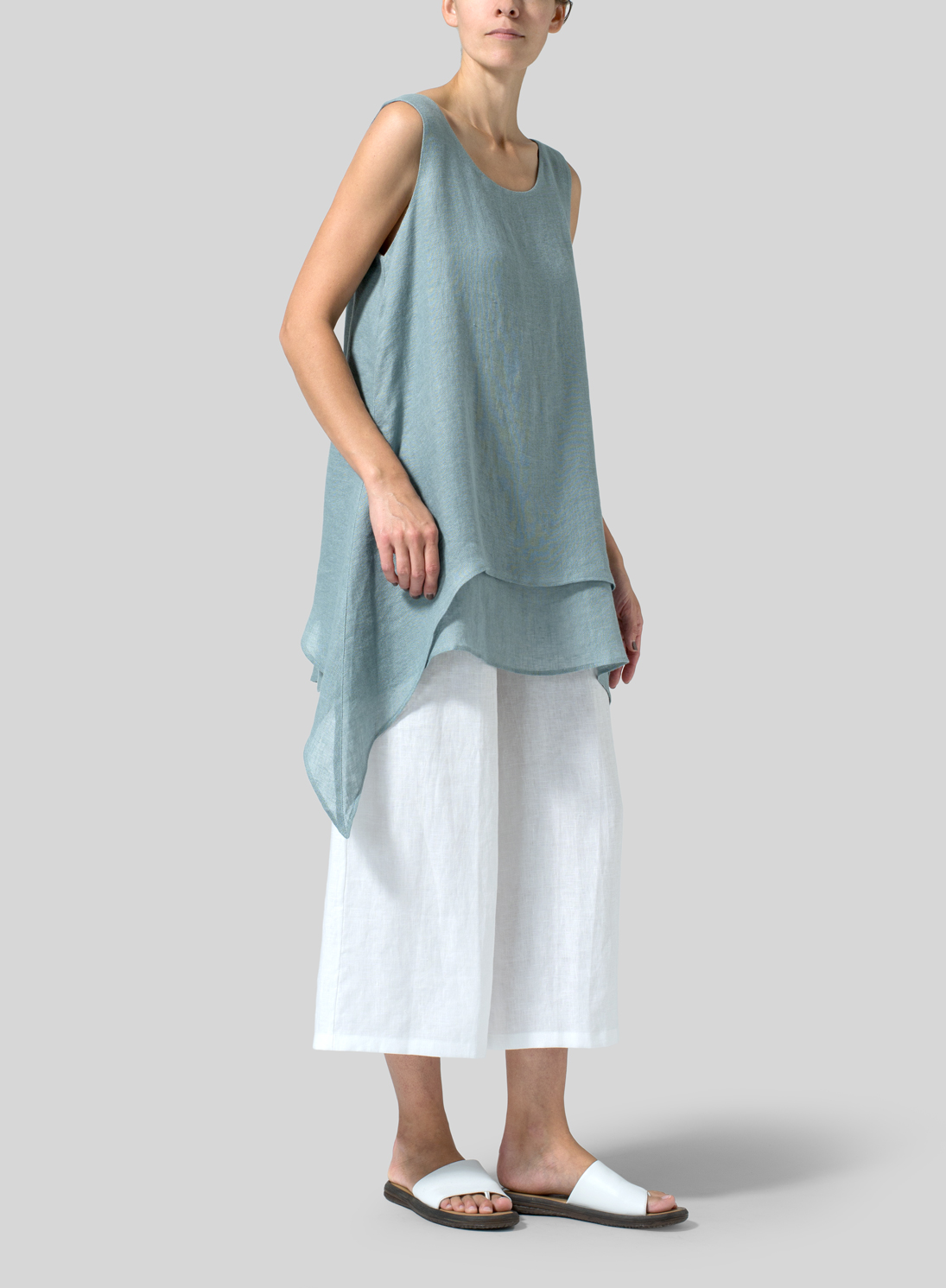 Green Gray Linen Sleeveless Layered Lightweight Top Set