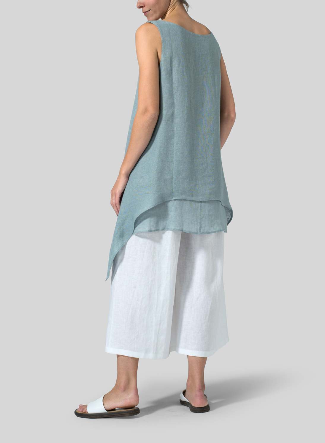 Green Gray Linen Sleeveless Layered Lightweight Top Set