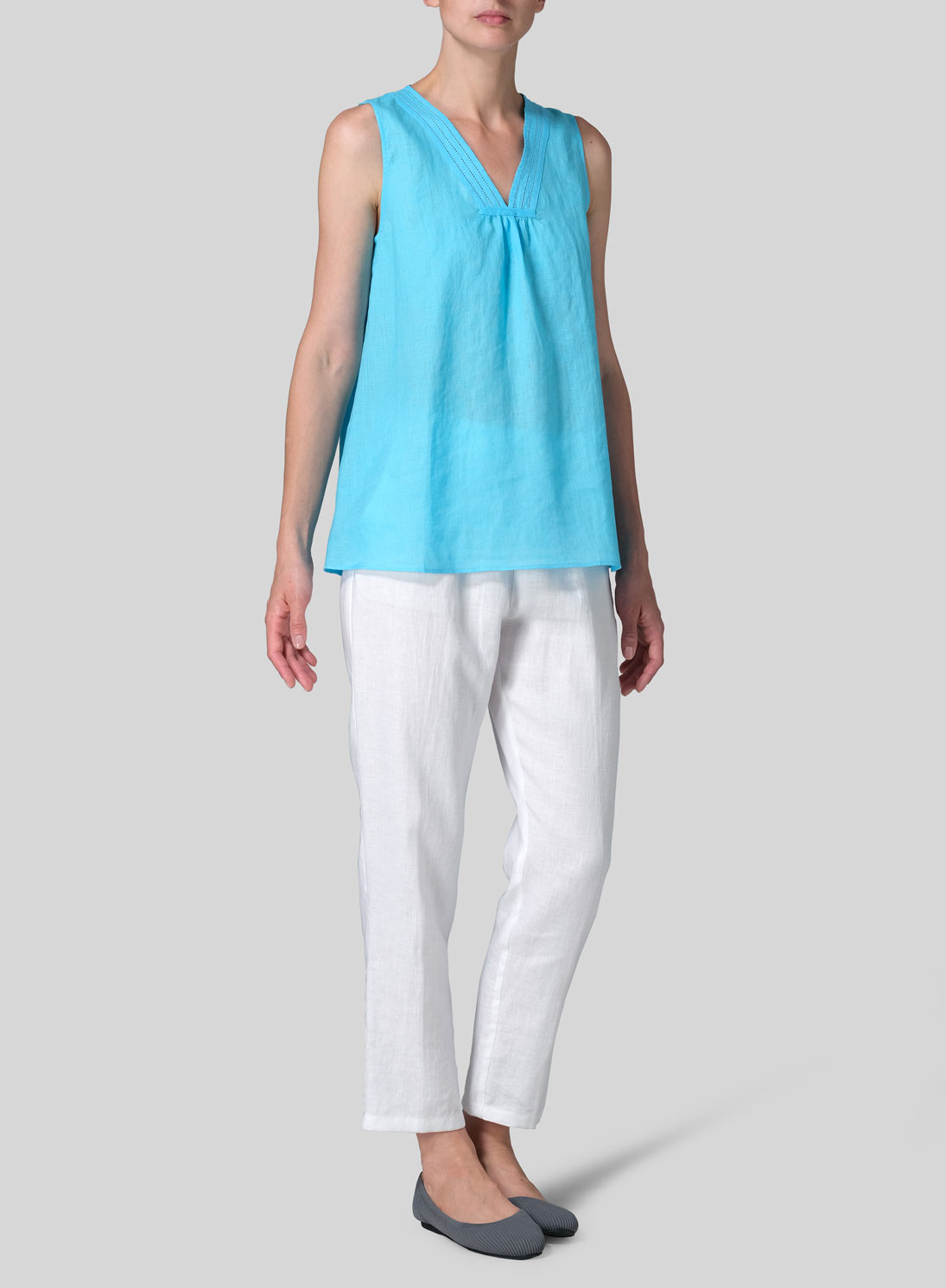 Linen Embroidered V-Neck Sleeveless Top