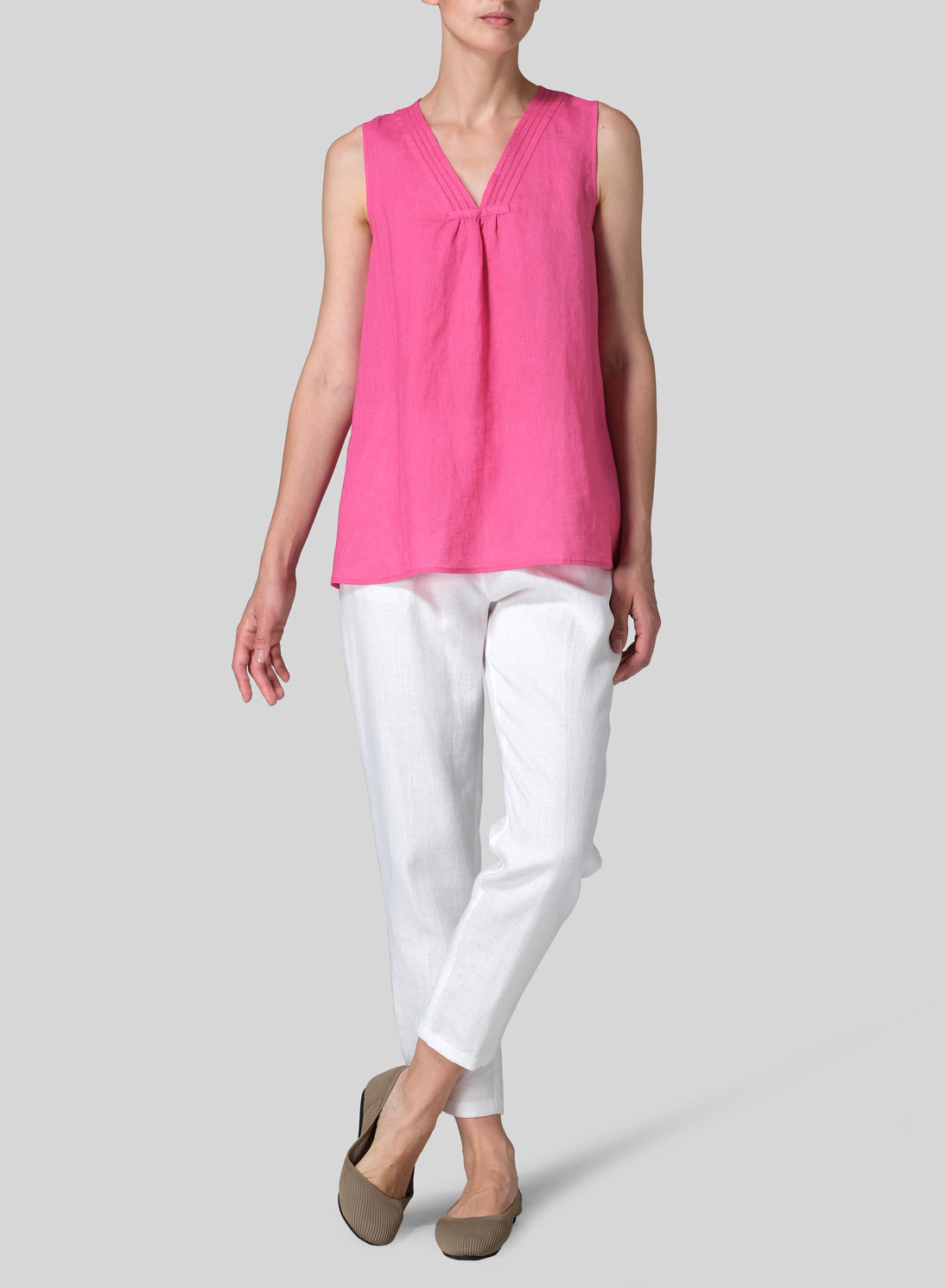 Linen Embroidered V-Neck Sleeveless Top