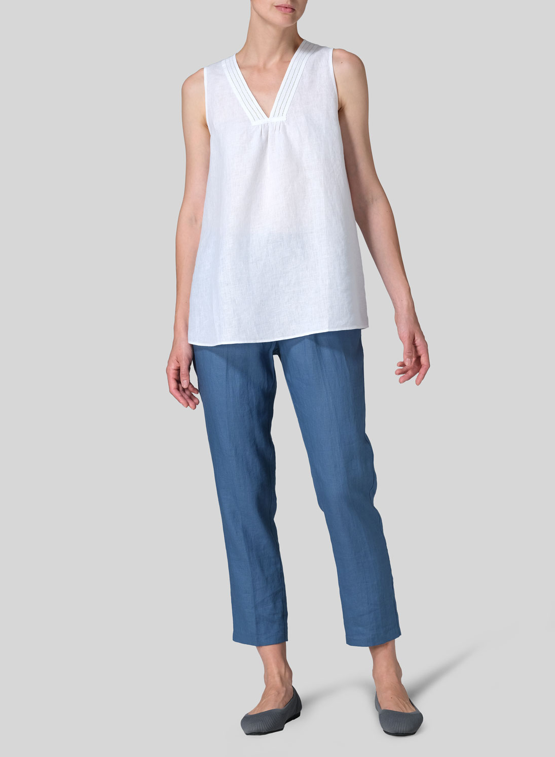 Linen Embroidered V-Neck Sleeveless Top