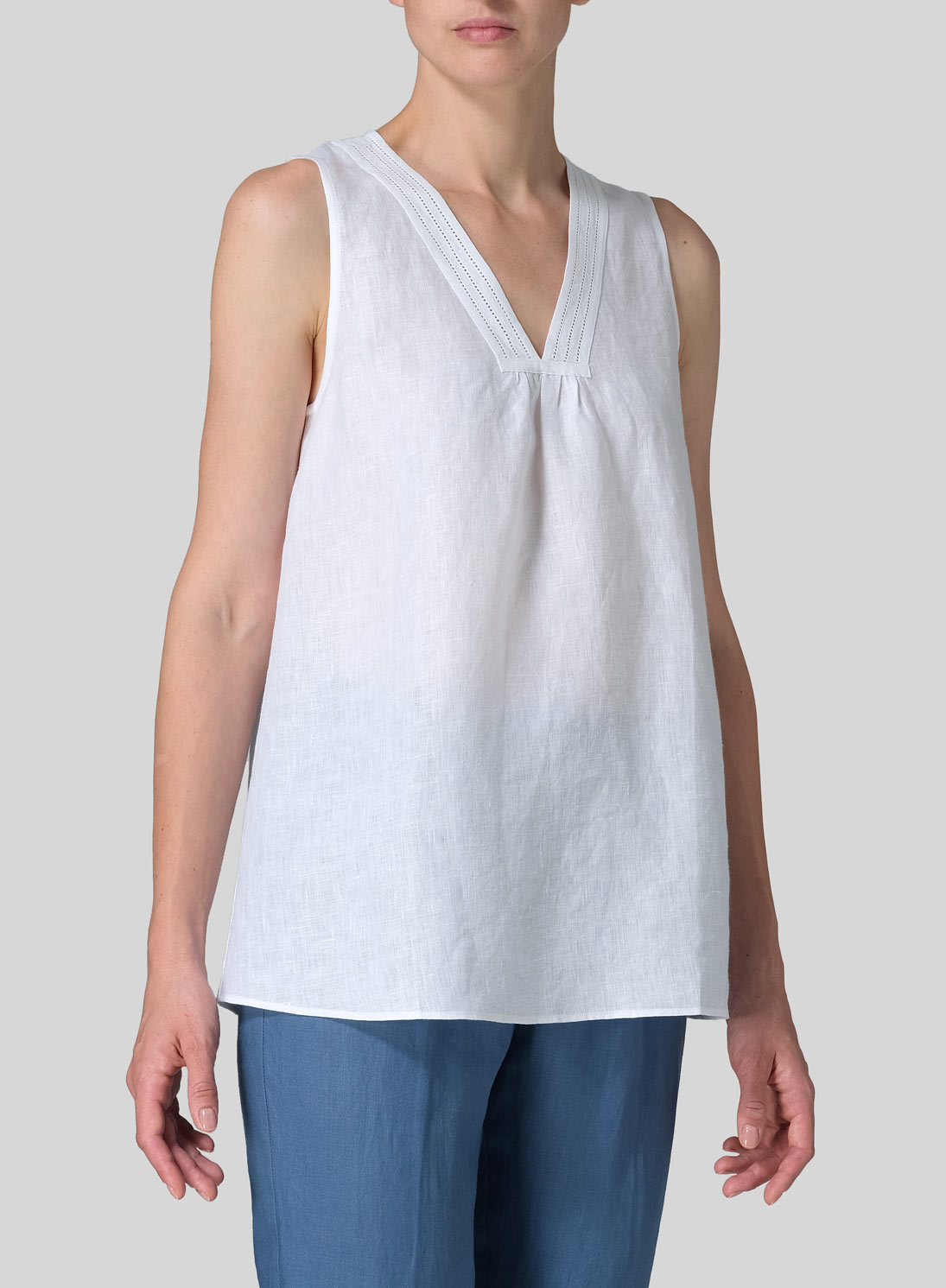 Linen Embroidered V-Neck Sleeveless Top