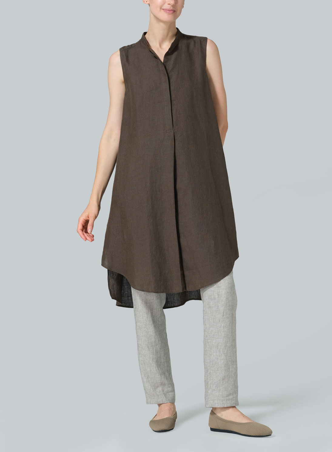 Linen Sleeveless A-shape Tunic with Mandarin Collar