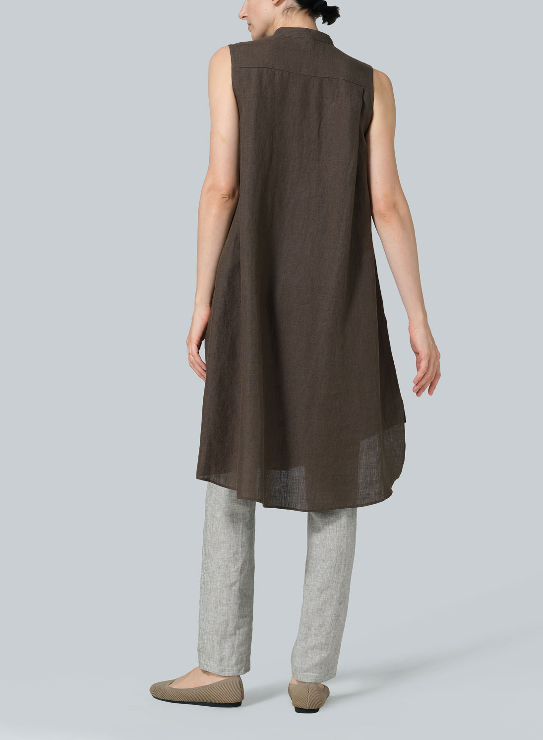 Linen Sleeveless A-shape Tunic with Mandarin Collar