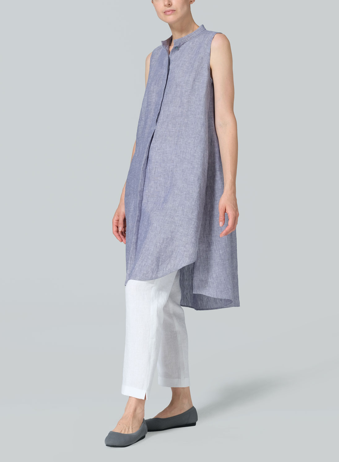 Linen Sleeveless A-shape Tunic with Mandarin Collar