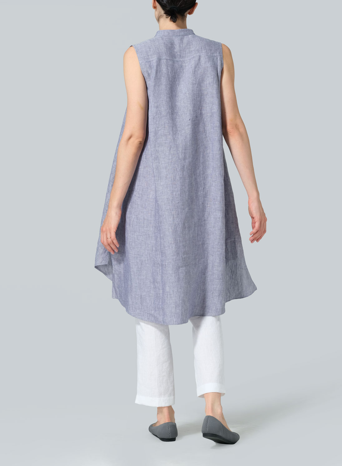 Linen Sleeveless A-shape Tunic with Mandarin Collar