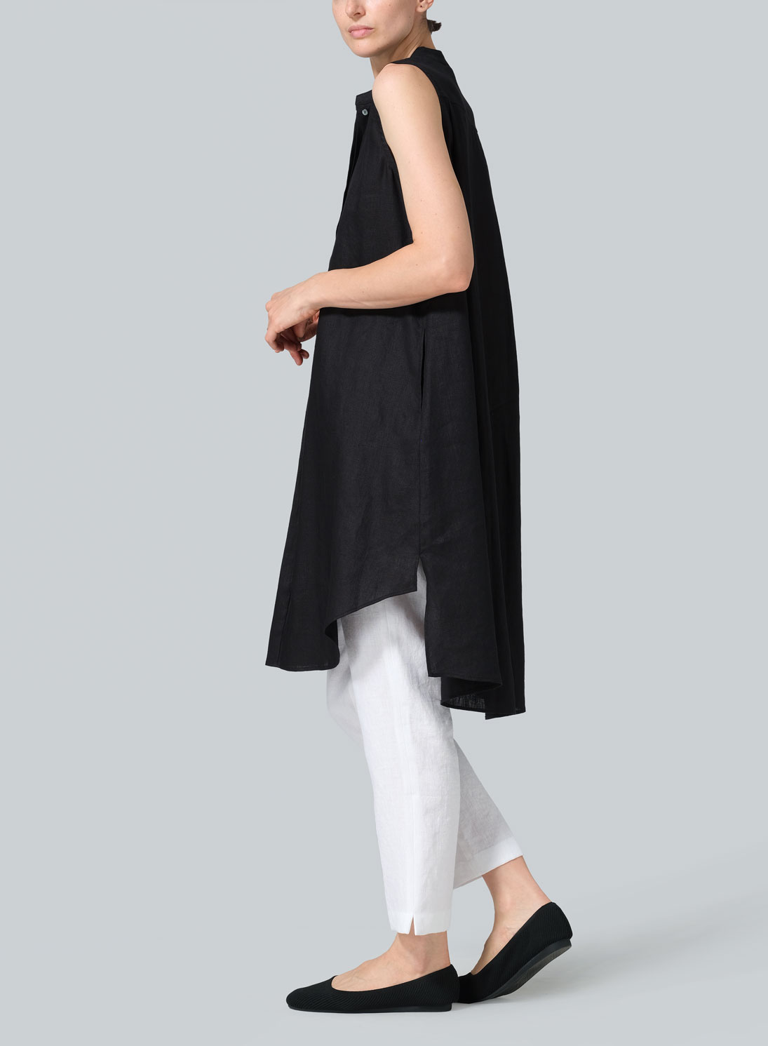 Linen Sleeveless A-shape Tunic with Mandarin Collar